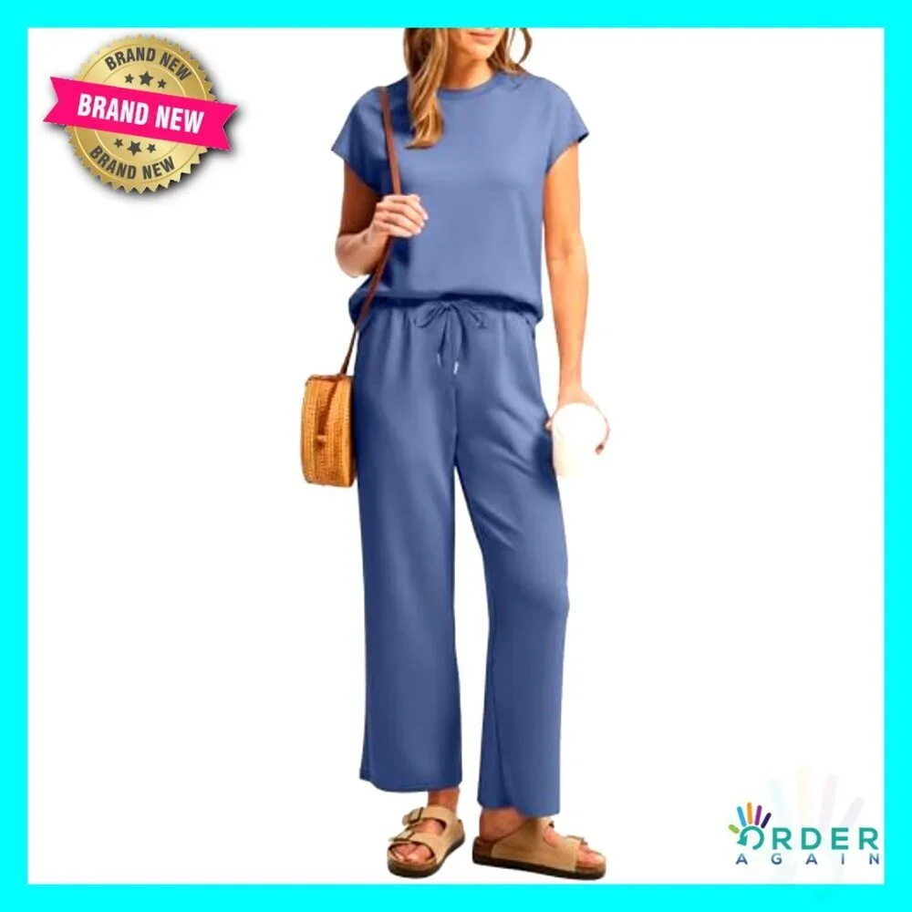 Cap Sleeve Two Piece Set Lounge Wear Wide Leg Pants Y2K Chic Vacation Outfit